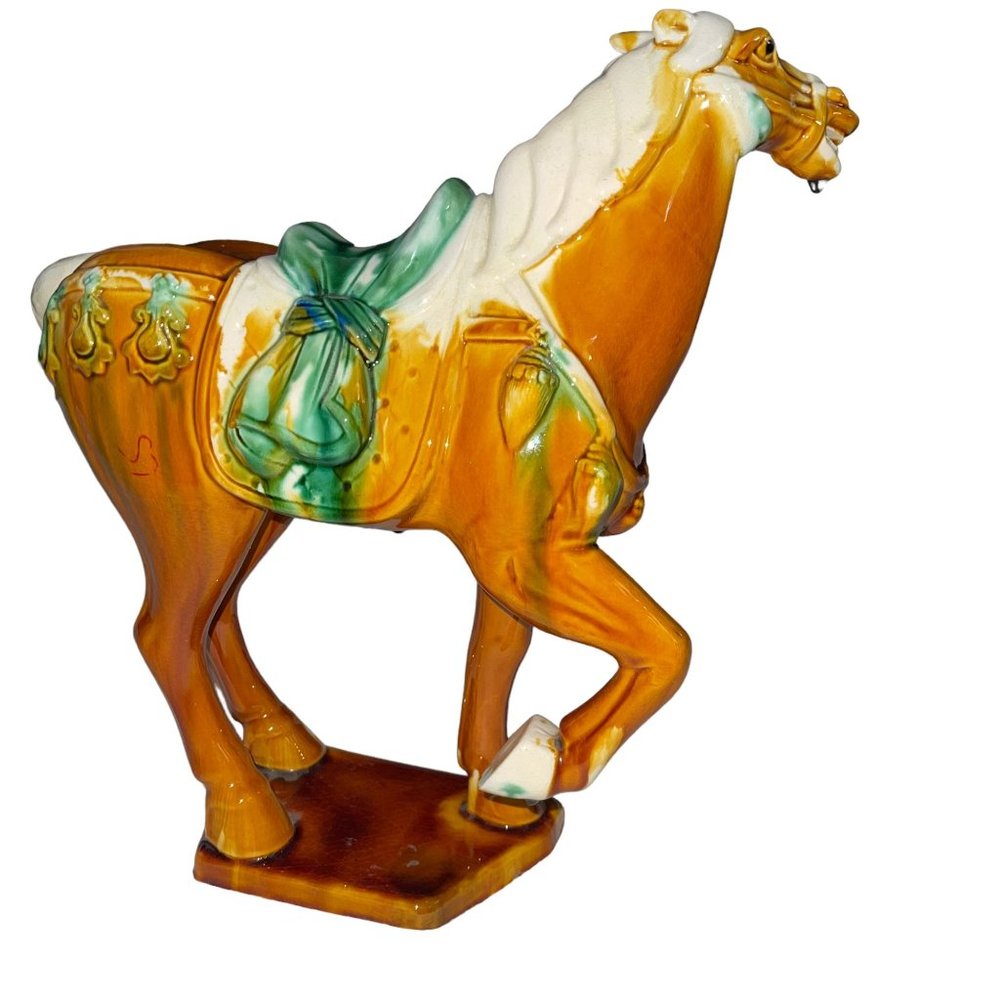 Unbranded Ceramic Horse Trotting Statue Brown Green 13" High Decor Equestrian - Picture 7 of 12